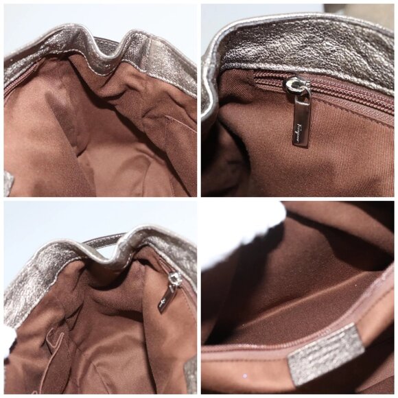 Salvatore Ferragamo Gancini Bag Leather Champagne Gold Silver Auth - Picture 15 of 16